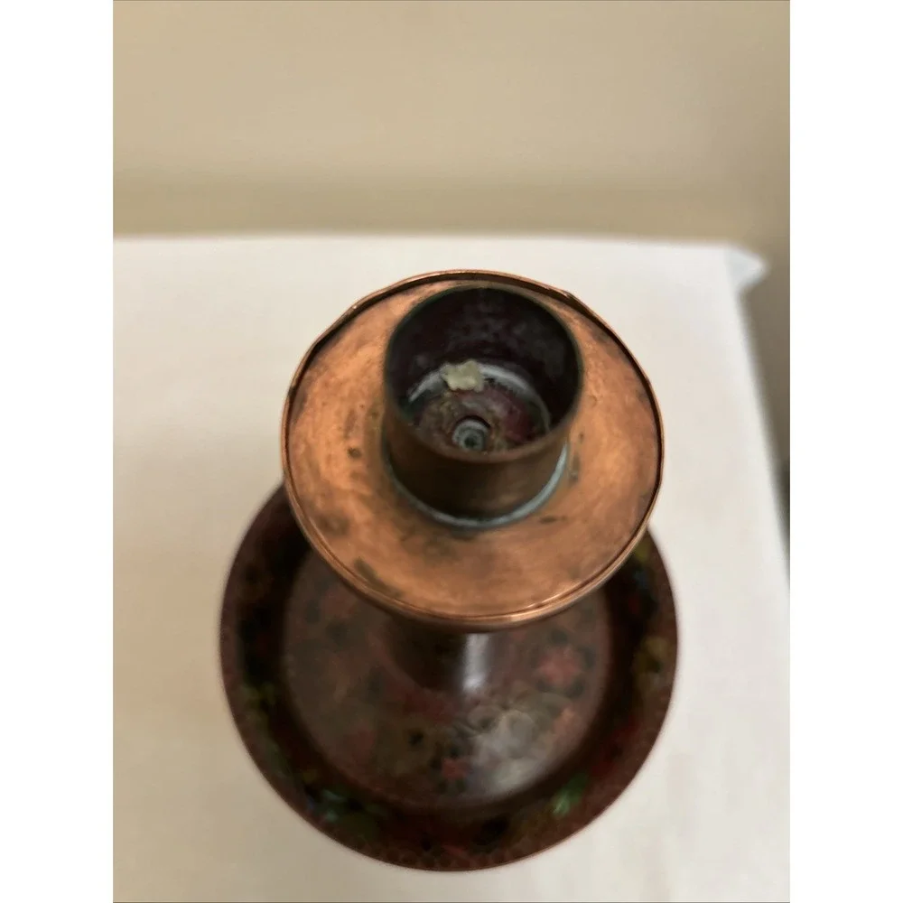 Vintage Chinese Cloisonne Floral Candlesticks Copper Brass 10.5 Inch Set of 2